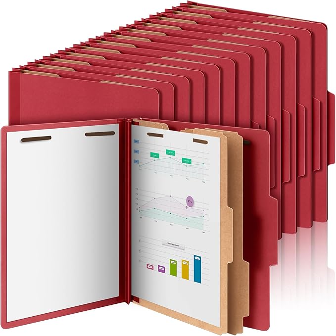 Skyygemm 48 Pcs Classification Folders Letter Size, 2 Divider Pressboard File Folders with 3. 5 Inch Expansion, 2 Prongs Fastener, Heavy Duty Office File Organizers for Teachers, Medical (Dark Red)