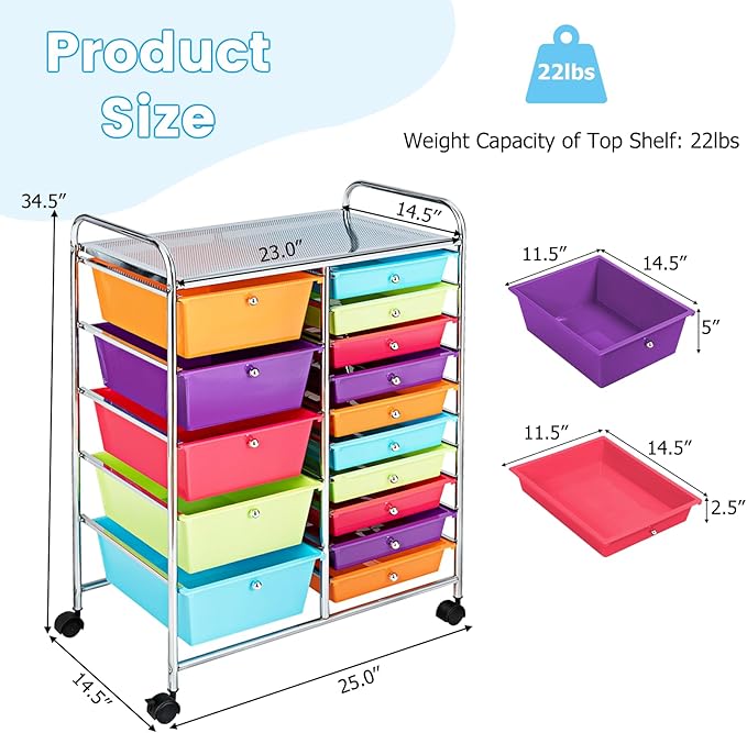 GLACER 15 Drawers Rolling Cart, Storage Cart with w/Removable Drawers & Steel Frame, Multipurpose Organizer Cart w/Sleek Handle, Utility Cart on Lockable Wheels for Home, School, Office (Multicolor)