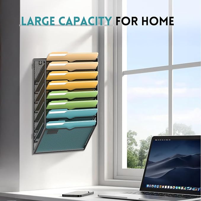 SUPEASY Wall File Organizer Mesh Office Mail Holder, Hanging Wall Organizer Magazine Rack for Office Black, 8 Tier