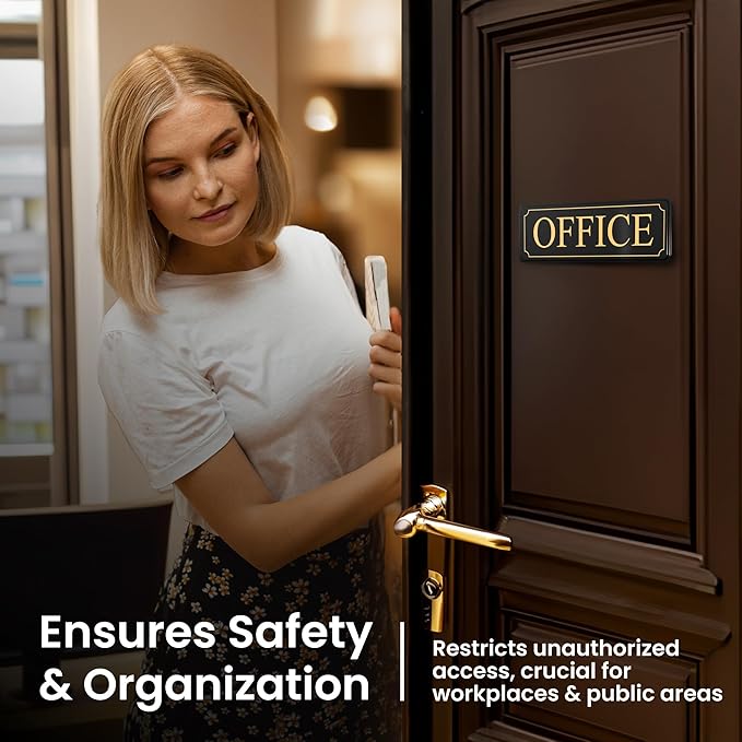 MolnijaPro - The Office Door Sign for Your Home and Business with Bigger Gold Letters - Bright Acrylic Self-Adhesive Sign 9×3 in with Double Sided 3M Tape - Quick and Easy Installation Without Any Tools