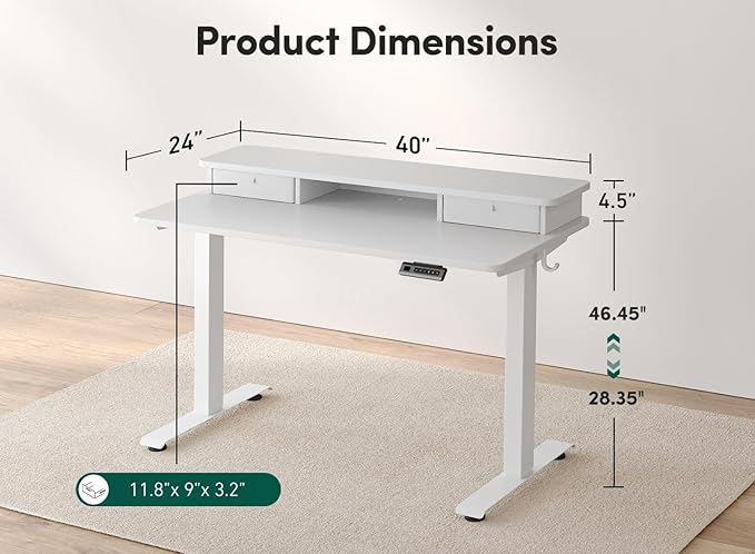 FEZIBO 40 x 24 Inch Height Adjustable Electric Standing Desk with Double Drawer, Computer Desk, Home Office Stand Up Table with 4 Height-Adjustable Feets & 2 Hooks, White