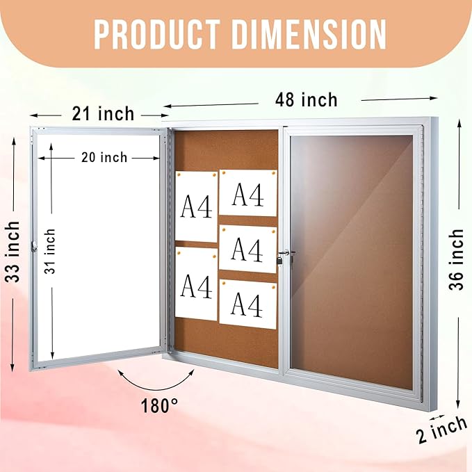 Homezelle Enclosed Cork Bulletin Board 48"x36" Outdoor Weatherproof Cork Noticeboard with Locking Door Wall-Mounted Silver Aluminium Frame for Home, School, Office, Community, Hospital