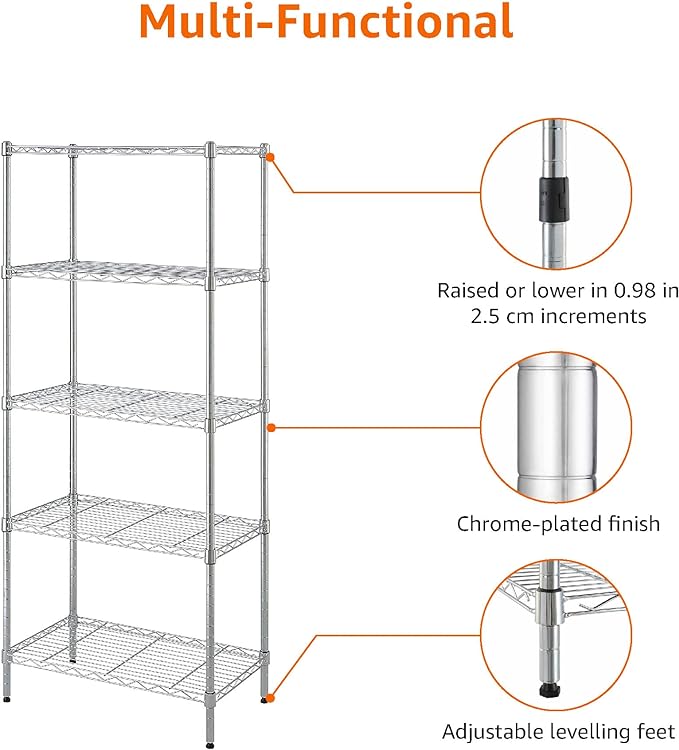 Amazon Basics 5-Shelf Adjustable, Storage Shelving Unit, (200 Pound Loading Capacity per Shelf), Steel Organizer Wire Rack, 23.2 x 13.4 x 60 inches (LxWxH), Chrome