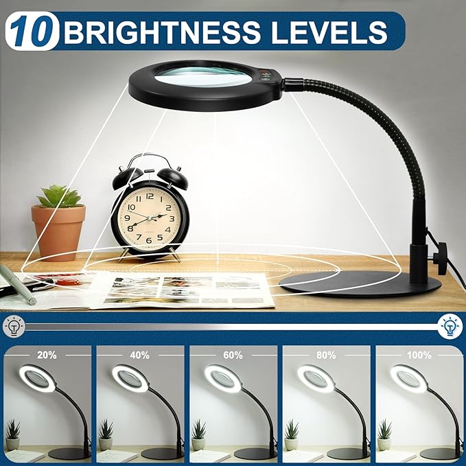 IVMAIE 10X Magnifying Glass with Light, Real Glass Lens, 5 Color Modes Dimmable, Flexible Gooseneck Lighted Magnifier with Stand, LED Desk Lamp Hands Free for Crafts Painting Sewing Reading Close Work