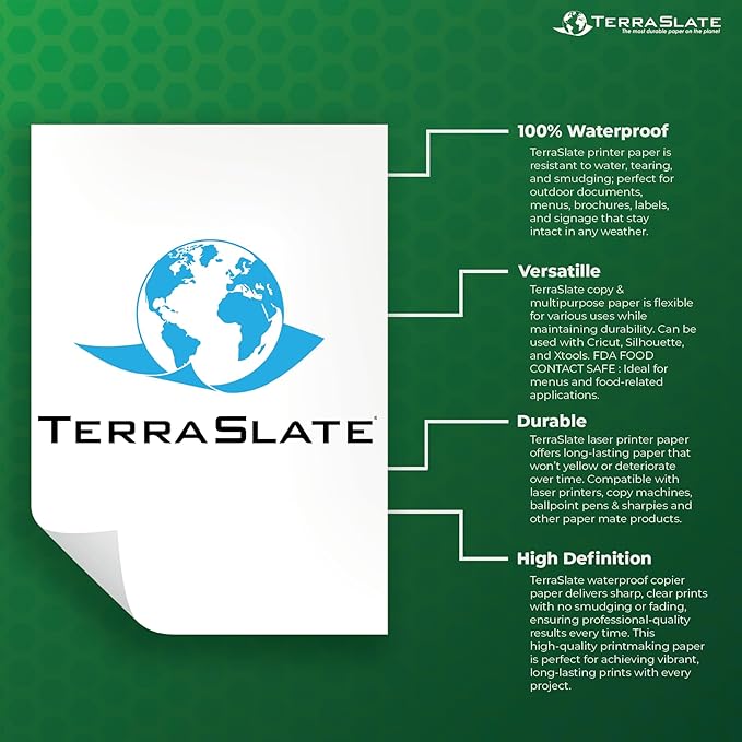 TerraSlate Printable Waterproof Paper for Laser Printer, 10 MIL 8.5" x 14", 250 Sheets, Matte White Printer Paper, Rip-Resistant, Weather/Rain Proof Copy Paper