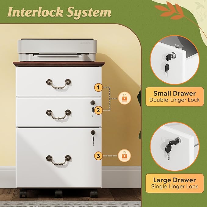 DEVAISE File Cabinet 3-Drawer, Small Office Furniture with Lock, Rolling Under Desk Filing Cabinet for Home Office, White