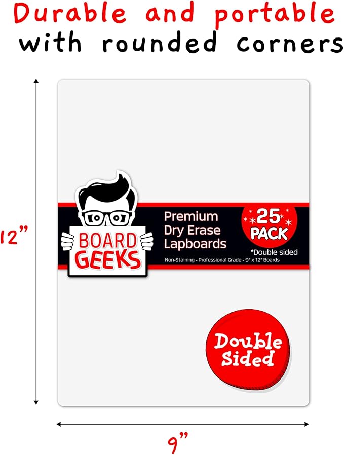 Board Geeks 25 Pack Small White Boards for Students - Double Sided Dry Erase Boards 9 x 12 in - Mini Whiteboard Set for Classroom or Home Use - Portable White Board Bulk for Kids and Teachers