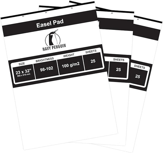 Navy Penguin Easel Pad 23x32-3 Pack (75 Sheets) - Flip Chart Paper, 25 Sheets/Pack, Plain White, Poster Flipchart 100 gsm - Large Drawing Pad for Home, Office, Craft, Art, Presentation