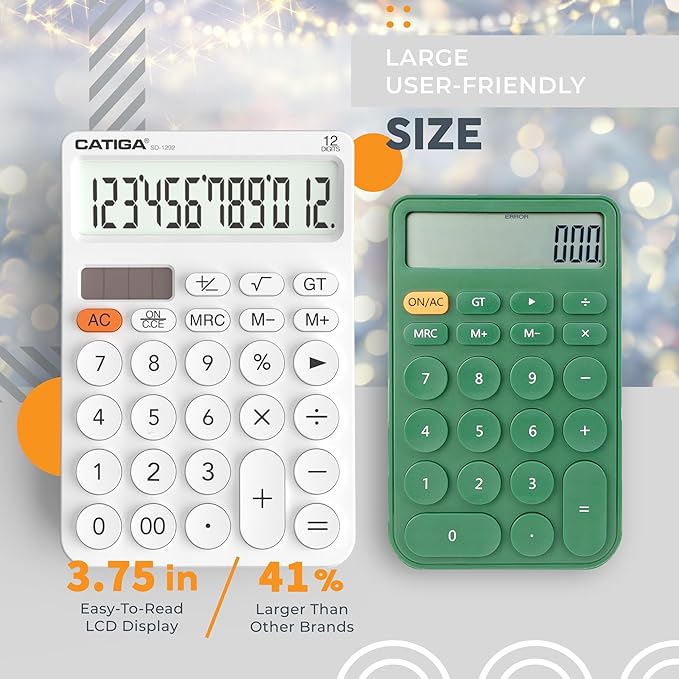 CATIGA 12 Digit Desktop Calculator Basic Desk Calculator with Large LCD Display, Big Buttons, 4 Function, Solar and Battery Dual Power, for Office, School, Home, SD-1292 White