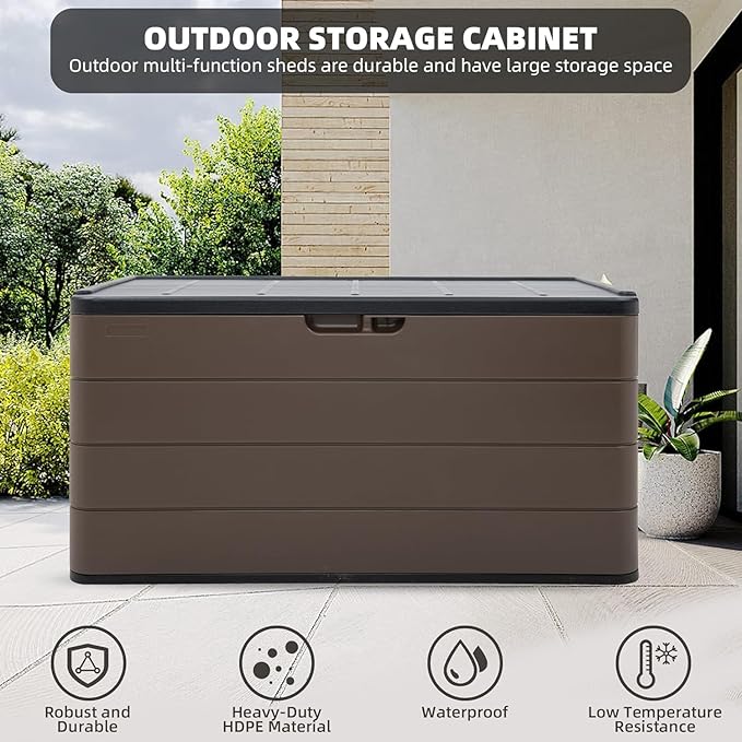 Decksplore 100 Gallon Plus Outdoor Storage Box Waterproof Lockable Resin Deck Box Large, Patio Storage Bin for Pool Accessories Cushion Furniture, Garden Tools, UV-Resistant Outside Delivery Brown
