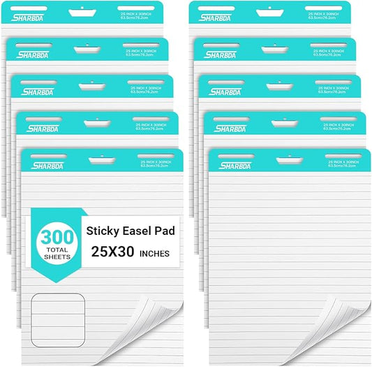 SHARBDA Lined Sticky Easel Pad, 25 * 30 inch,Self-Stick Flip Chart Paper, Super Adhesive & Bleed-Resistant,Micro-Perforated Tear,Classroom Teacher Office Presentation Pads,10 Pads/Pack,300 Sheets
