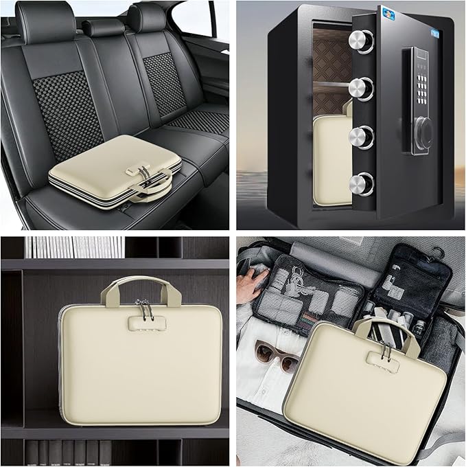 Fireproof File Organizer with Lock, Hard-Shell Case Fireproof Document Box with 13 Pockets Accordion File Folder, Important Document Organizer for Letter A4 Files Laptop Passports (Beige)