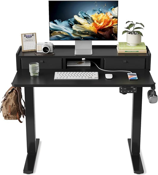 YIHAYO Electric Standing Desk with Drawers, 40 x 24 Inches Adjustable Desk with Storage Shelf, Stand Up Desk with Splice Board, Computer Desk for Home Office, Black Frame/Black Top