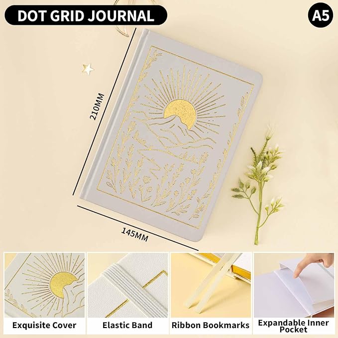 Crein Lynh Dot Grid Journal with 160GSM Thick Paper, 192 Pages, A5 Dotted Notebook for Work, School, Travel | 180° Lay Flat, Foil Stamped Cover, Elastic Band, 2 Bookmarks & Inner Pocket (White)