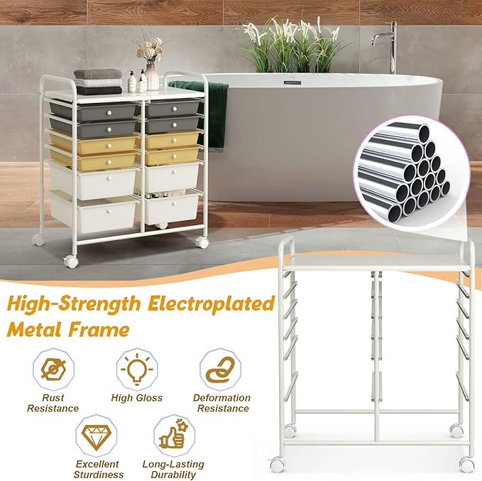 LDAILY 12 Drawer Rolling Storage Cart, Craft Cart Organizer on Wheels w/Metal Frame, Large Capacity & Smooth Drawer, Rolling Cart w/Drawers for Classroom, Office
