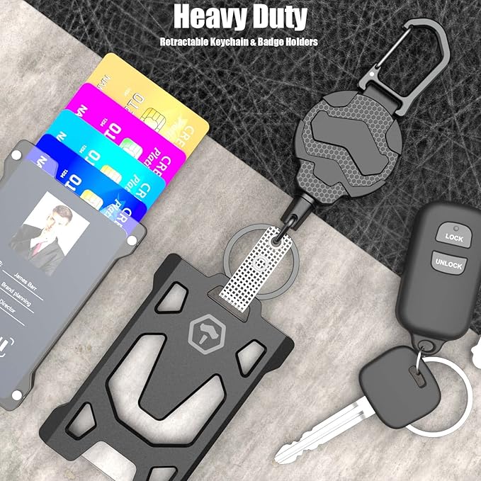 Retractable Keychain Badge Holder with Belt Clip,OR Heavy Duty Carabiner ID Badge Clip Reel, 31.5” Steel Retractable Cord, 10 oz Rebound，Black-1 Pack (with 1 Badge Holder)