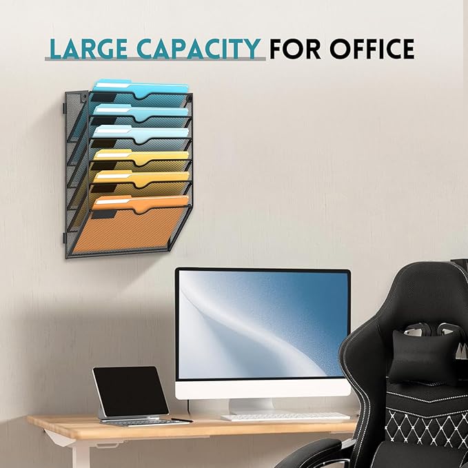 SUPEASY Wall File Organizer Mesh Office Mail Holder, Hanging Wall Organizer Magazine Rack for Office Black, 6 Tier, 2Pack