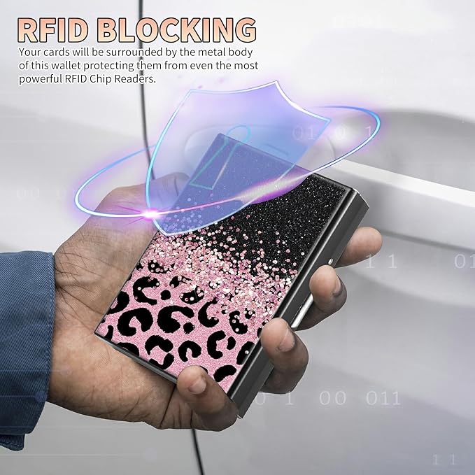 BWEGRHE Slim Credit Card Holder, Pink Glitter Leopard RFID Blocking Metal Wallet for Men & Women, Aluminum Minimalist Hard Case Pocket-Sized Business Cards Organizer (Fits Up to 10 Cards)
