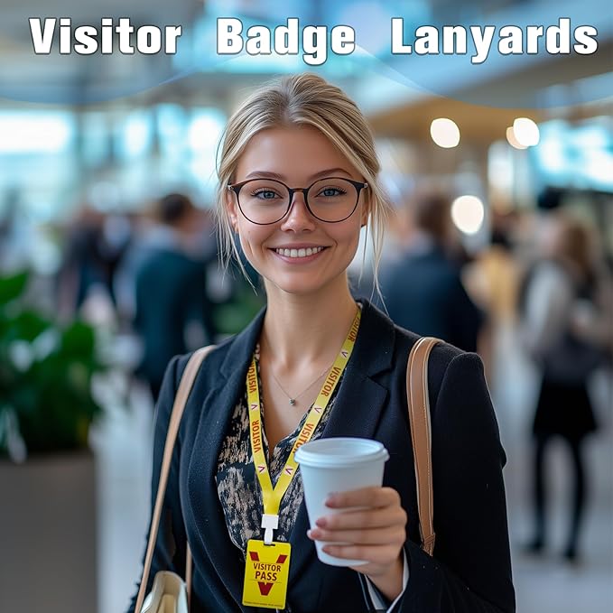 Visitor Badge Lanyards Volunteer Badge Holder with Clips (25 pcs) - Reusable Temporary ID Pass for Office, School, Events PVC Plastic Security Cards for Exhibition Guest by OSTENBIG (Yellow)