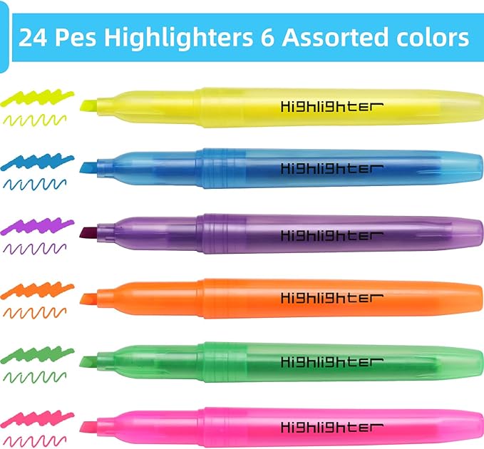 Dacono Highlighters, Chisel Tip, Highlighters Assorted Colors, Bible Highlighter No-Bleed, Quick-Drying Ink Highlighter for School, Teacher Students, Office, Classroom Must Have, 24 Pack