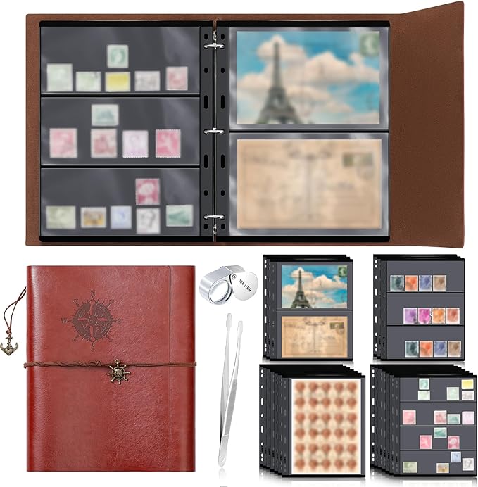 Lewtemi Stamp Collecting Albums Set Stamp Collection Book Include 20 Pages Album Binder Tweezer and Loop Magnifier Collecting Supplies for Collectors (Brown Pirate,1/2/3/4 Rows)
