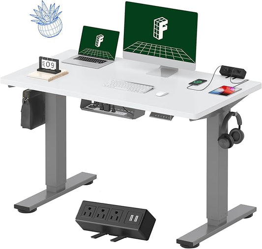 FLEXISPOT EN2 Whole-Piece Standing Desk with Clamp Power Strip, 48 x 24'' Electric Stand Up Height Adjustable Desk with Cable Management (Gray Frame + 48" White Desktop, 2 Packages)