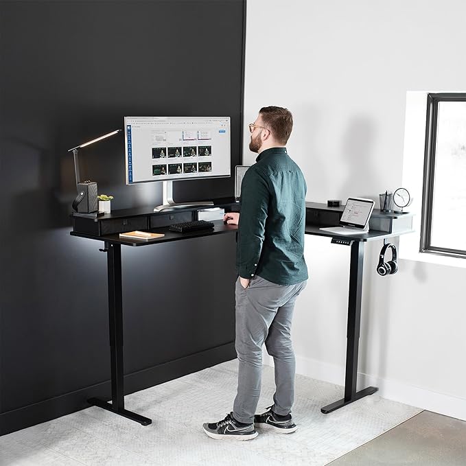 VIVO Electric 2-Tier Corner L-Shaped 63 x 55 inch Standing Desk, Height Adjustable, Memory Controller, Black Top Black Frame, Dark Gray Drawers, DESK-E3CVB
