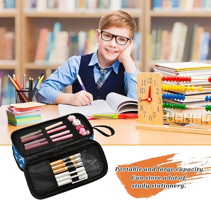 BOENLE Airplanes Blue Pencil Case Box Boys Girls Large Pencil Pouch with Zipper Compartments Big Capacity Stationery Pen Bag Organizer for Kids Teens Adults School