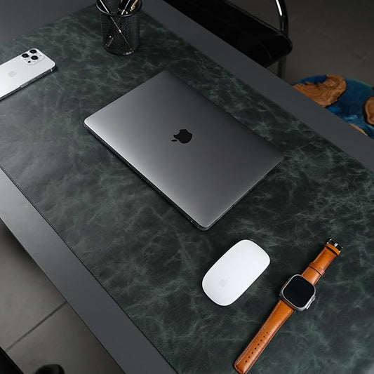 TORONATA Jersey Genuine Calfskin Leather Desk Pad, Office Desk Mat with Non-Slip Bottom, Smooth Surface for Mouse & Keyboard, Desk Protector (14.6x31.5 inches) (Dark Green)