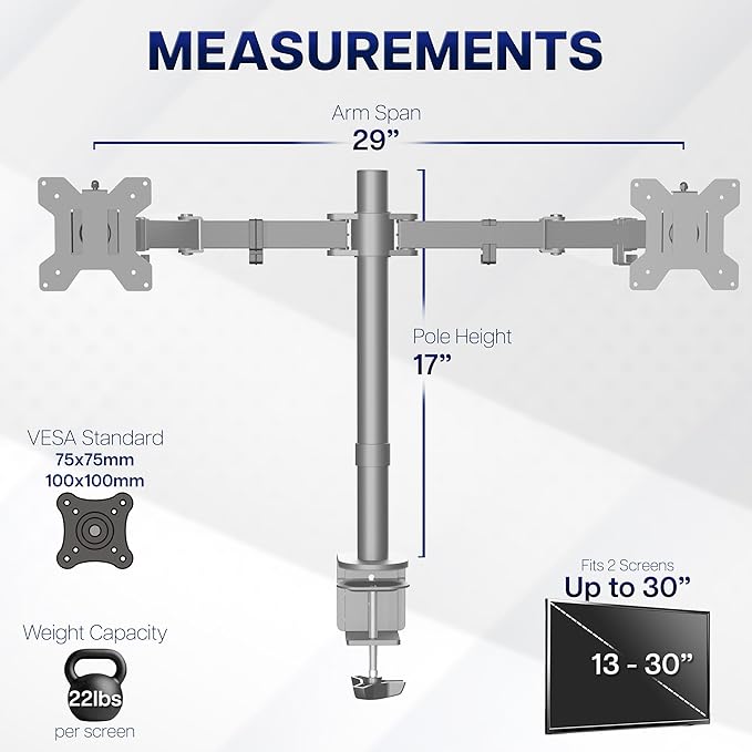 VIVO Dual Monitor Desk Mount, Heavy Duty Fully Adjustable Steel Stand, Holds 2 Computer Screens up to 30 inches and Max 22lbs Each, Gray Color, STAND-V002-GY
