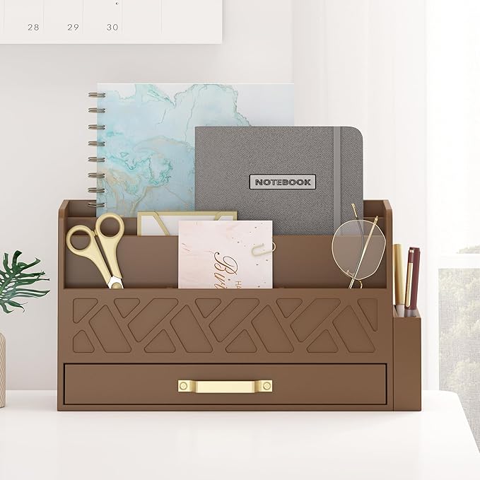 Wisuce Home Bamboo Desktop Organizer with Drawer,Bill & Mail Organizer for Office Desk, Wall Mounted and Countertop Mail Sorter,Workspace Storage Accessories Organizer for File Letter （Brown）
