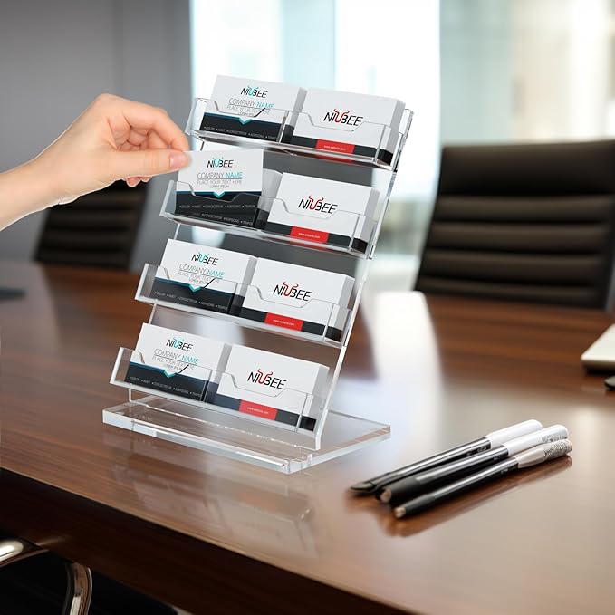 NIUBEE Acrylic Business Card Holder 8 Slots - Double Capacity Business Card Stand for Desk, 4 Tier Clear Gift Card Display for Office, Event, Exhibition
