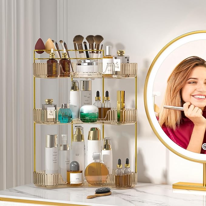 SUNZOS Corner Bathroom Counter Organizer, 3-Tier Countertop Perfume Tray Organizer with Makeup Brush Holder, Vanity Makeup Cosmetic Storage for Dresser
