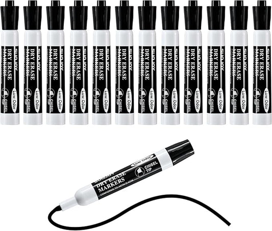 SUQJOY Dry Erase Markers, Chisel Tip Whiteboard Marker, Low Odor Thick Dry Markers, 12 Bulk Black Color Markers for office.