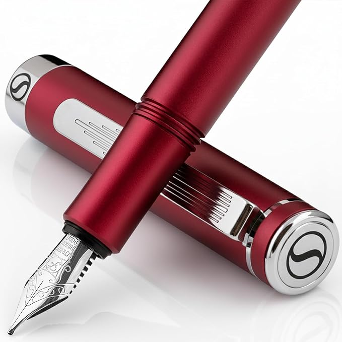 Scriveiner Luxury EDC Fountain Pen (Fine), Stunning Matt Red Pocket EDC with Chrome Finish, Schmidt German Nib, Converter, A Great Writing Gift Set for Men & Women, Nice Fancy Office Designer Pen
