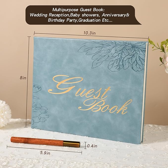 Blue Leather Wedding Guest Book,Polaroid Guest Book for Vacation Home,Wedding Reception,Funeral,Party,Memorial Service,10.3x8'' Embossed Gold Guestbook,House Visitor Guest Sign in Book with Pen