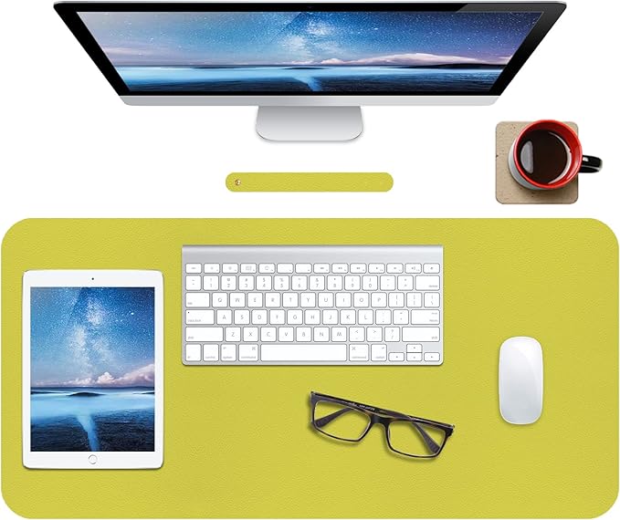 Boutilon Leather Desk Pad Protector,Non-Slip Mouse Pad,Laptop Desk Pad,Office Mouse Mat,Waterproof Leather Desk Blotter,Desk Writing Pad for Office and Home (M-Lemon,30"x14")