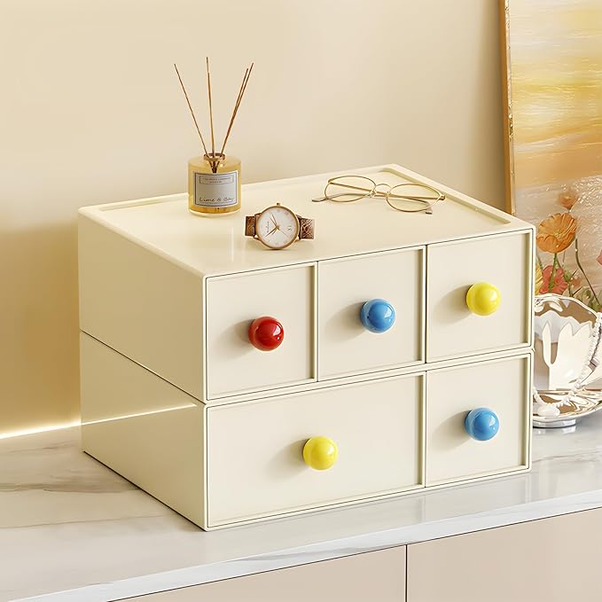 OSteed Desktop Drawers, Desk Organizer with 2 Drawers & Dopamine Handles, Stackable Plastic Storage Box for Home Collection, Cosmetics, Office Supplies (1 Tall Layer, Cream)