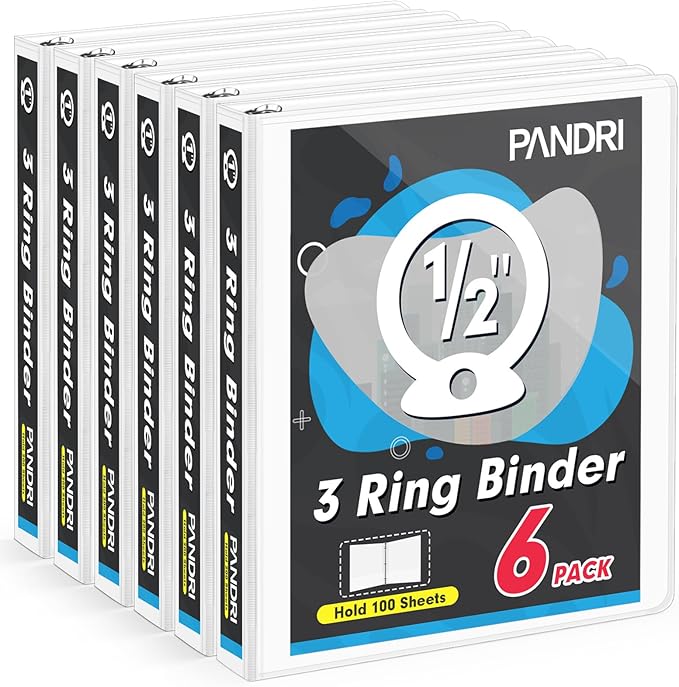 3 Ring Binder 0.5 Inch, PANDRI 6 Pack Binder Fits Letter Size 8.5'' x 11'' Paper, Versatile Binders for Office Home School, 2 Pockets, White
