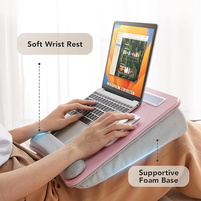 HUANUO Lap Laptop Desk - Portable Lap Desk with Pillow Cushion, Fits up to 15.6 inch Laptop, with Anti-Slip Strip & Storage Function for Home Office Students Use as Computer Laptop Stand - Pink