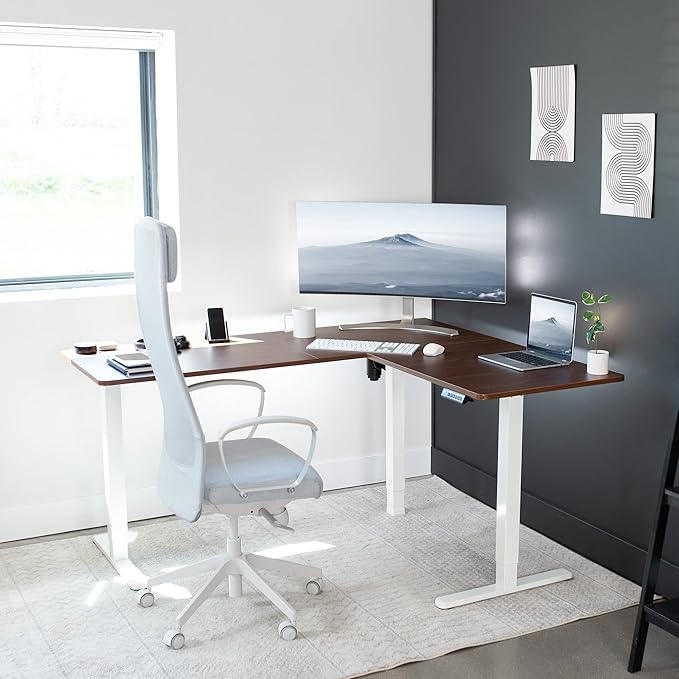 VIVO Electric Corner 63 x 55 inch L-Shaped Standing Desk, Memory Height Adjustment, Dark Walnut Top White Frame, DESK-E3CTWD