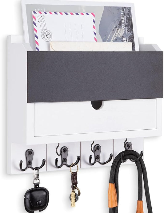 Lucundm Mail and Key Holder Wall Mount with Storage Drawer – Modern Wooden Mail Organizer for Wall Entryway, 7 Key Hooks & Chalkboard Panel – Stylish Home Decor for Apartments, Living Room, Office
