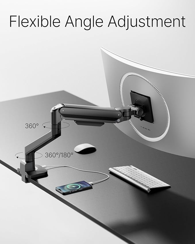 monTEK Deluxe Monitor Arm with USB A/C up to 40 Inch Holds 26.4 lbs Curved Screens Aluminum Fully Motion Single Monitor Stand with Clamp/Grommet, Quick Release Plate,75/100mm VESA, MA1008UCBK