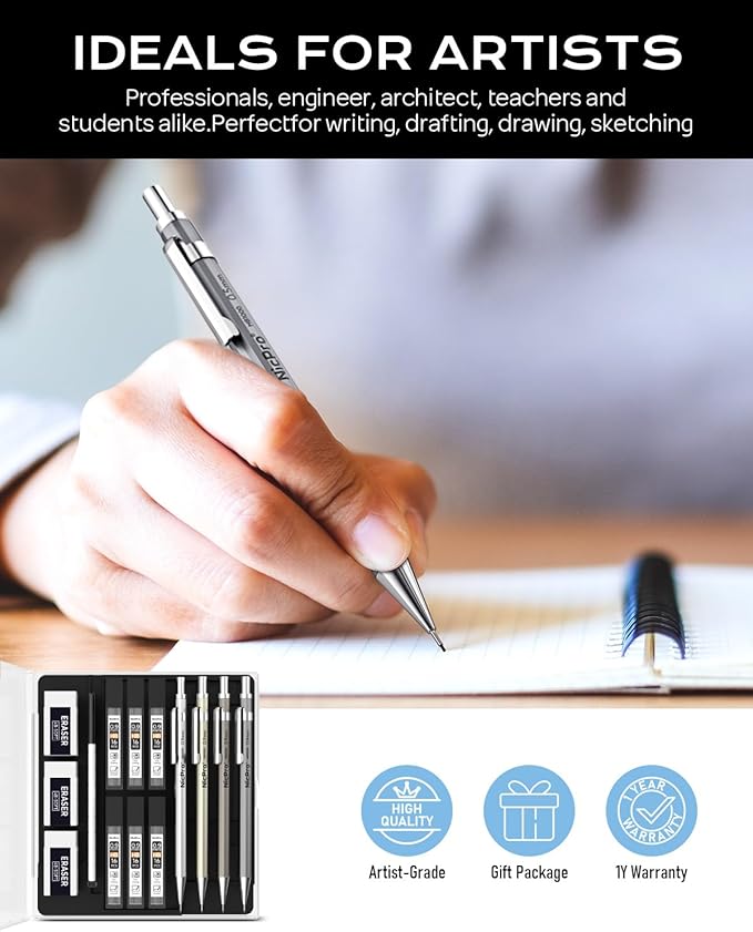 Nicpro 4 Pack Metal Mechanical Pencil Set 0.9mm, MB1000 Lead Drafting Pencil 0.9 mm with 6 Tube HB #2 Lead Refill, 3PCS 4B Eraser, 9 Cap Eraser for Artist Writing, Sketching, Drawing- Come with Case