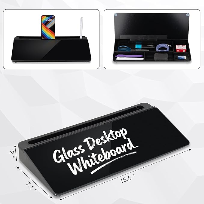 Glass Desktop Whiteboard 15.8×7”, Dry Erase Note Memo Board, Desk Organizer with Storage for Desk, Office, School Supplies, Black, 2026