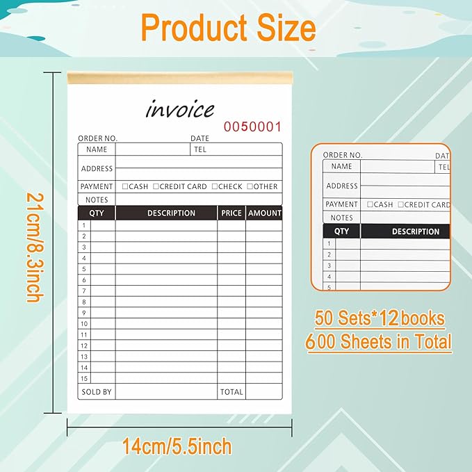 Homvle Invoice Receipt Book with Carbon Copies 2-Part Carbonless Sales Book for Small Boutique Business, 50 Sets