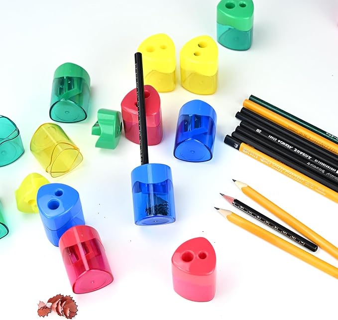 AUSTARK 24Pcs Pencil Sharpener Manual, Assorted Color Small Dual Hole Pencil Sharpeners Bulk with Lid for School Office Home (Triangle-24)