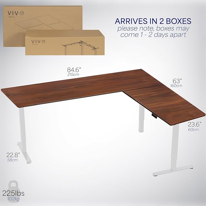 VIVO Electric Corner 84 x 63 inch L-Shaped Standing Desk, Memory Height Adjustment, Dark Walnut Top White Frame, DESK-E3CTWD-84