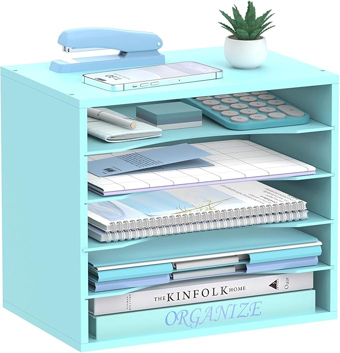 SHARKWOODS 5-Tier Wood Desk Organizer, Paper Tray Organizer for Desk with Adjustable Storage Shelves, Desktop File Organization Paper Sorter Mail Holder for Office Home Classroom, Blue