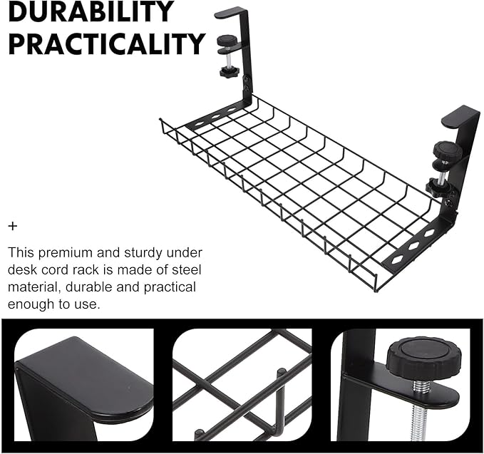 SEWCHICS Under Desk Cable Management Tray Cable Organizer Rack No Drill Black 500Mm Large Capacity Cord Holder for Office and Home Desk Storage